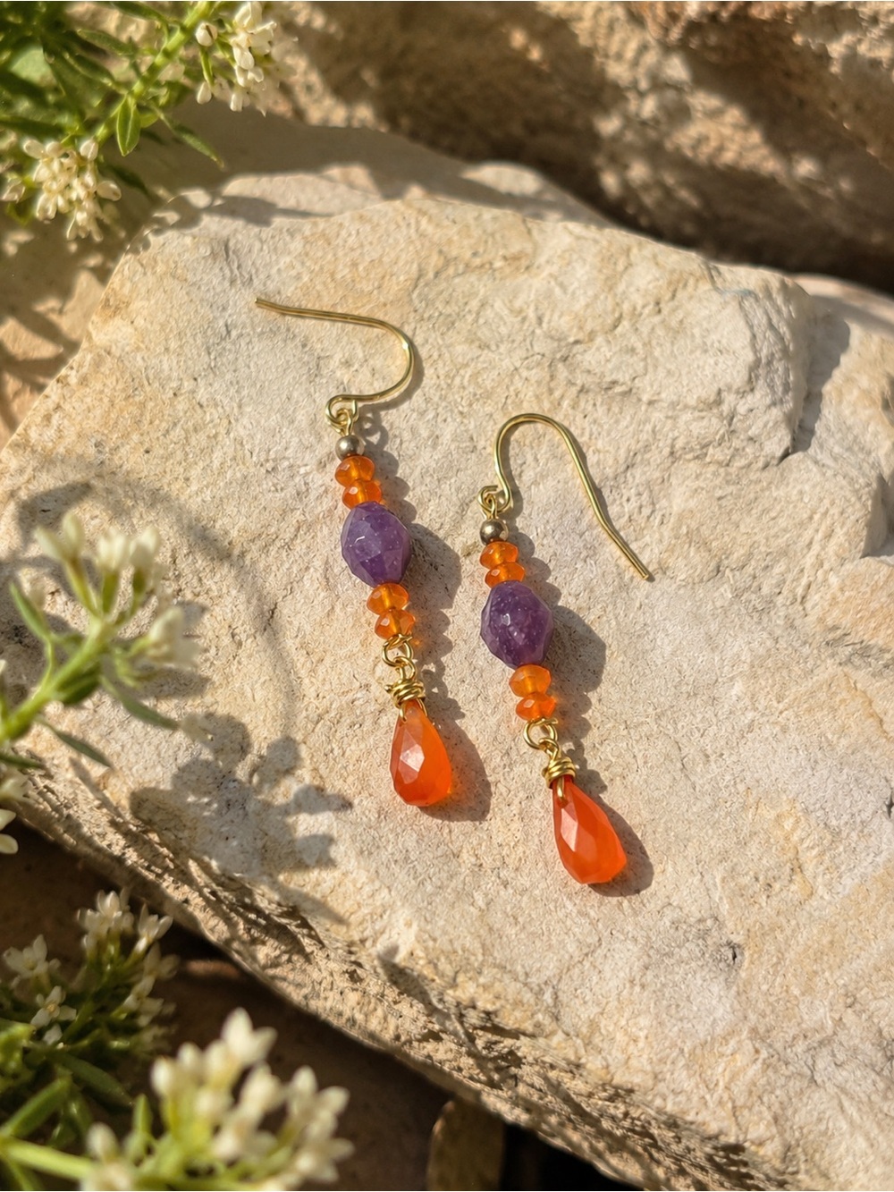 Handcrafted lepediolite and carnelian Gemstone Drop Earrings